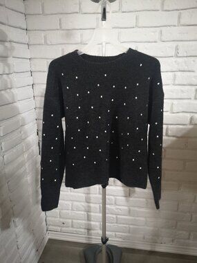 RW&Co Ladies Size Small Dark Grey with White Dots on Front & Sleeves Sweater